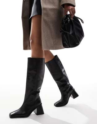 Asos Design Connect Leather Pull-on Knee Boots With Flared Heel In Black-multi
