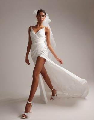 Constance satin wrap front cami wedding dress with low back in ivory-White