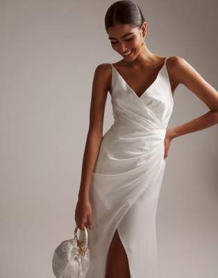 ASOS DESIGN Constance satin wrap front cami wedding dress with low back in  ivory