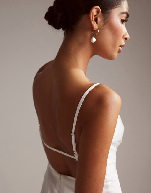 ASOS DESIGN - Constance - Vestito da sposa a portafoglio in raso con spalline sottili e strascico, 4 di 6
