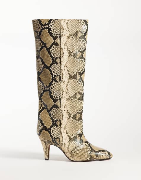 ASOS DESIGN Contessa cone heel slouch knee boots in snake print - view 1