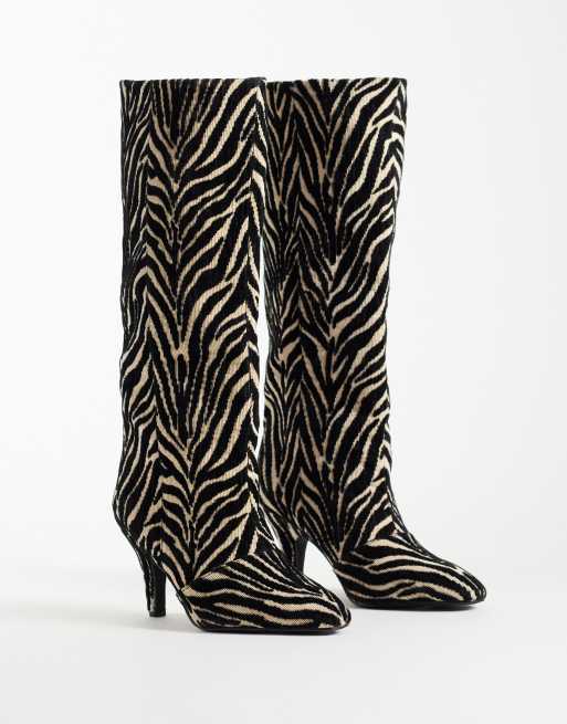 ASOS DESIGN Contessa cone heel slouch knee boots in zebra print, 2 of 4