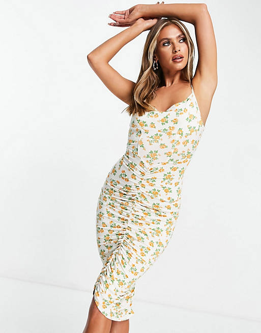  contour cami ruched midi dress in ditsy floral print 