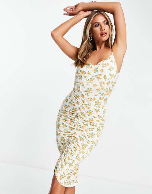 Adjustable Straps Romantic Floral Ruched Midi Dress