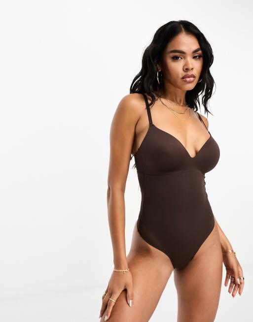 ASOS DESIGN Contouring medium control bodysuit with mesh in brown