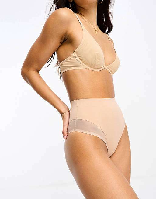 Dorina high waist medium control contour shaping thong with lace detail in  light beige