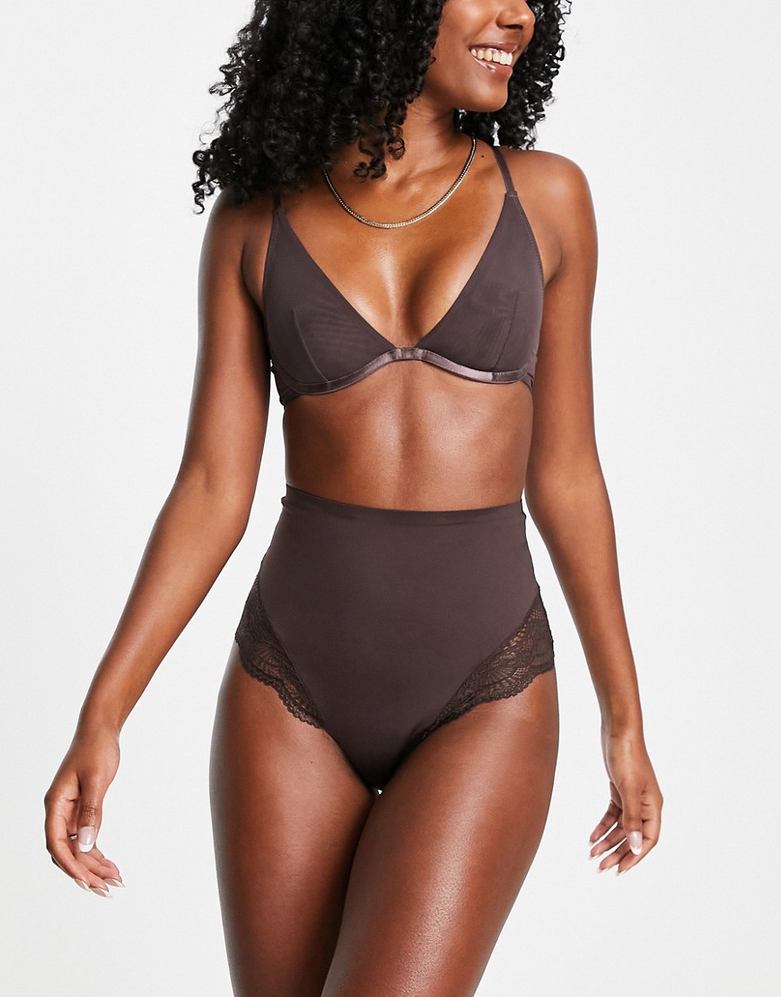 ASOS DESIGN Contouring medium control high-waist briefs with lace in brown