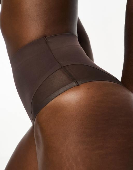 ASOS DESIGN contouring medium control high waist briefs with mesh in brown, 3 of 4