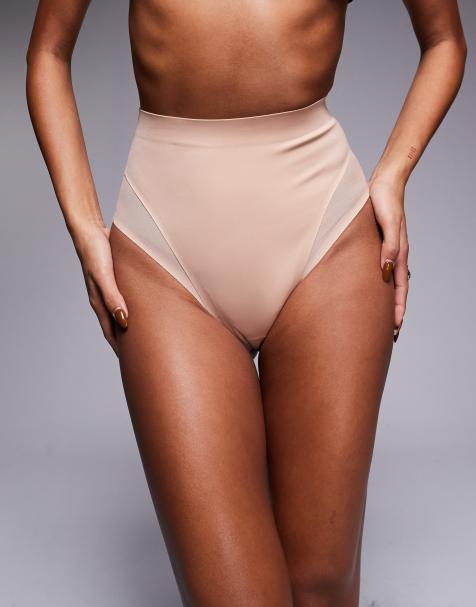 ASOS DESIGN Contouring medium control high waist thong with mesh in beige - view 1