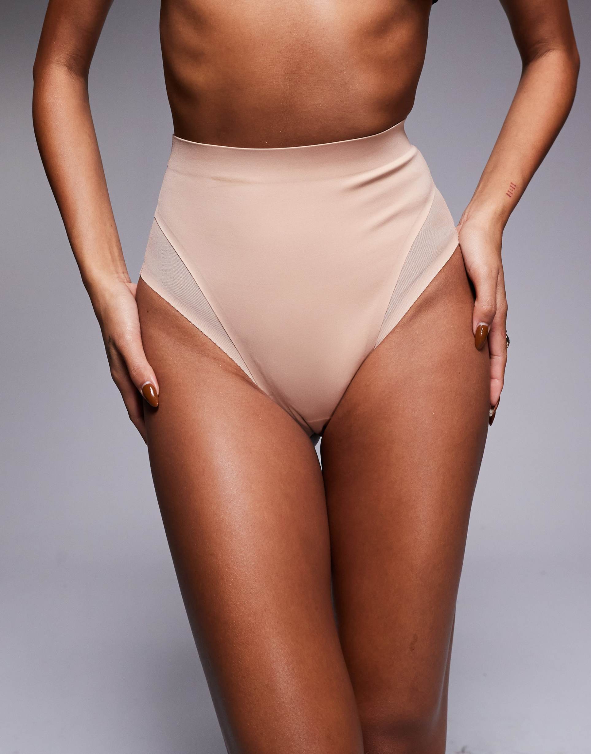 asos design contouring medium control high waist thong with mesh in beige
