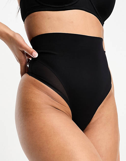 ASOS DESIGN Contouring medium control high waist thong with mesh in black