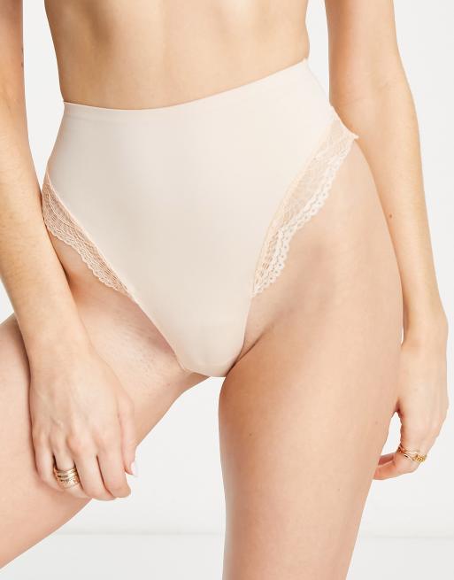 ASOS DESIGN Contouring medium control thong with lace in beige