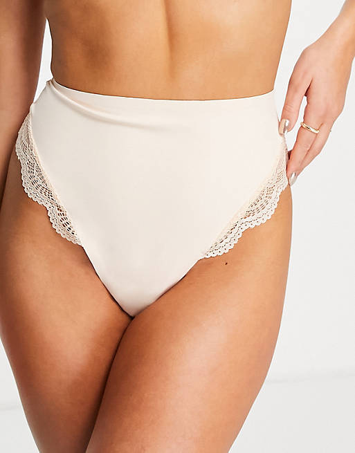 ASOS DESIGN Contouring medium control thong with lace in beige