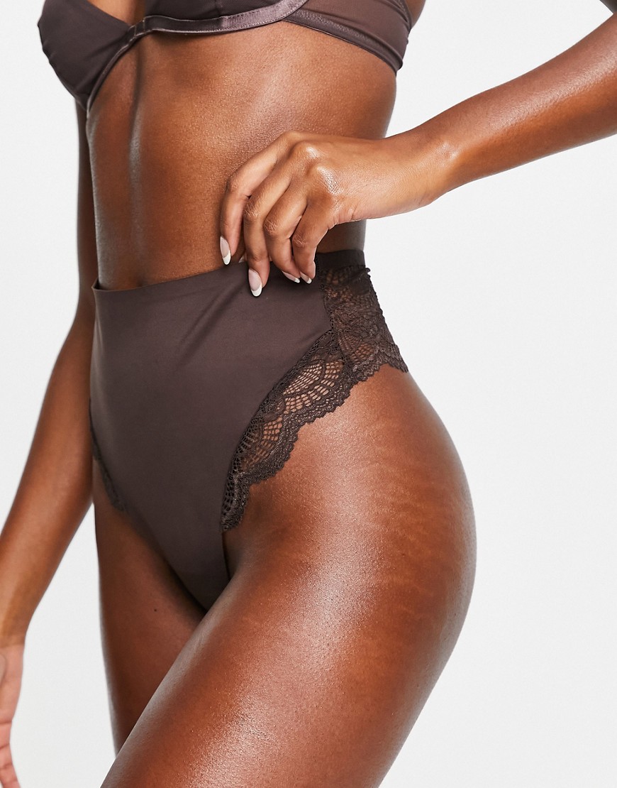 ASOS DESIGN Contouring medium control thong with lace in brown