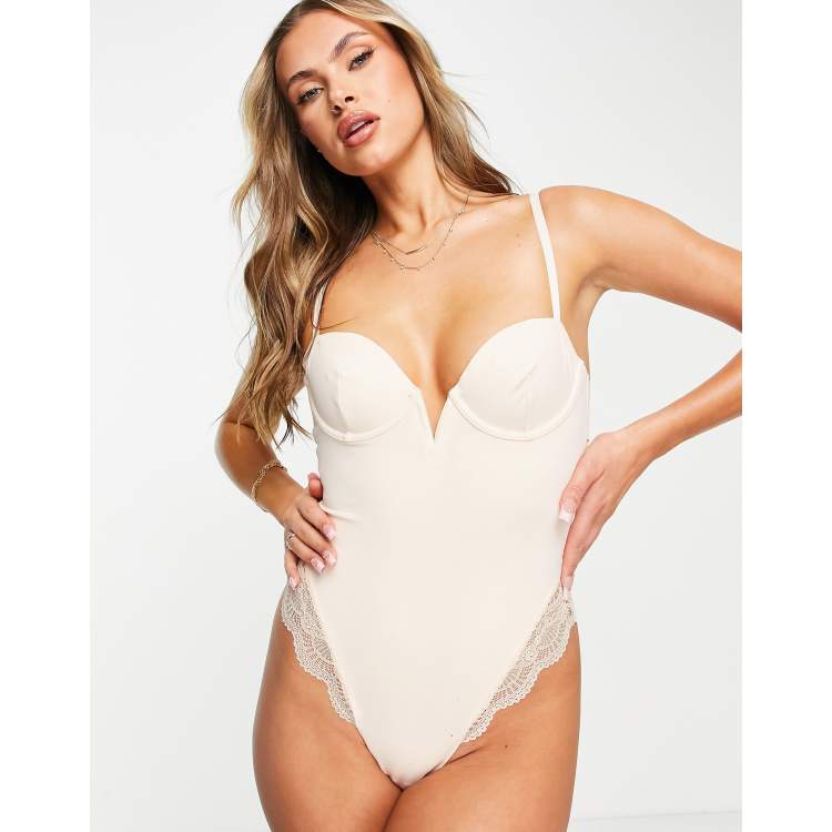 ASOS DESIGN Curve Contouring medium control underwired bodysuit with lace  in white