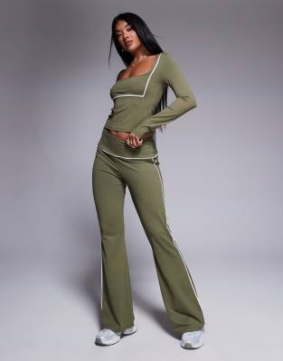 Asos Design Contrast Binding Flare Leggings In Olive - Part Of A Set-green