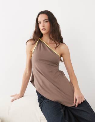 ASOS DESIGN contrast binding floaty one shoulder hanky hem top in brown