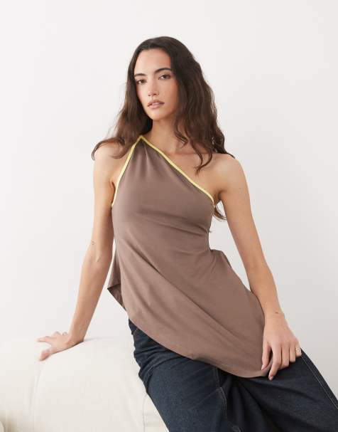 ASOS DESIGN contrast binding floaty one shoulder hanky hem top in brown - view 1