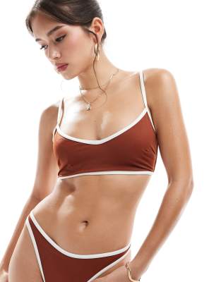Asos Design Contrast Binding Hidden Underwire Crop Bikini In Brown