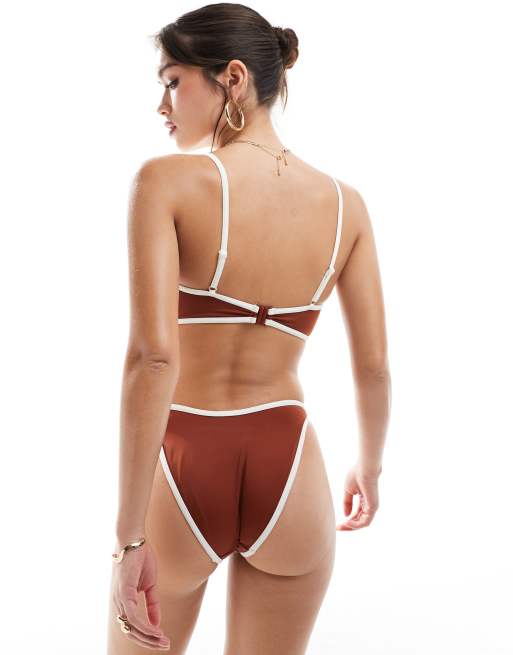 ASOS DESIGN contrast binding hidden underwire crop bikini in brown, 3 of 4