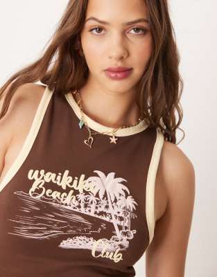 Asos Design Contrast Binding Racer Tank Top With Waikiki Beach Graphic-brown In Brown