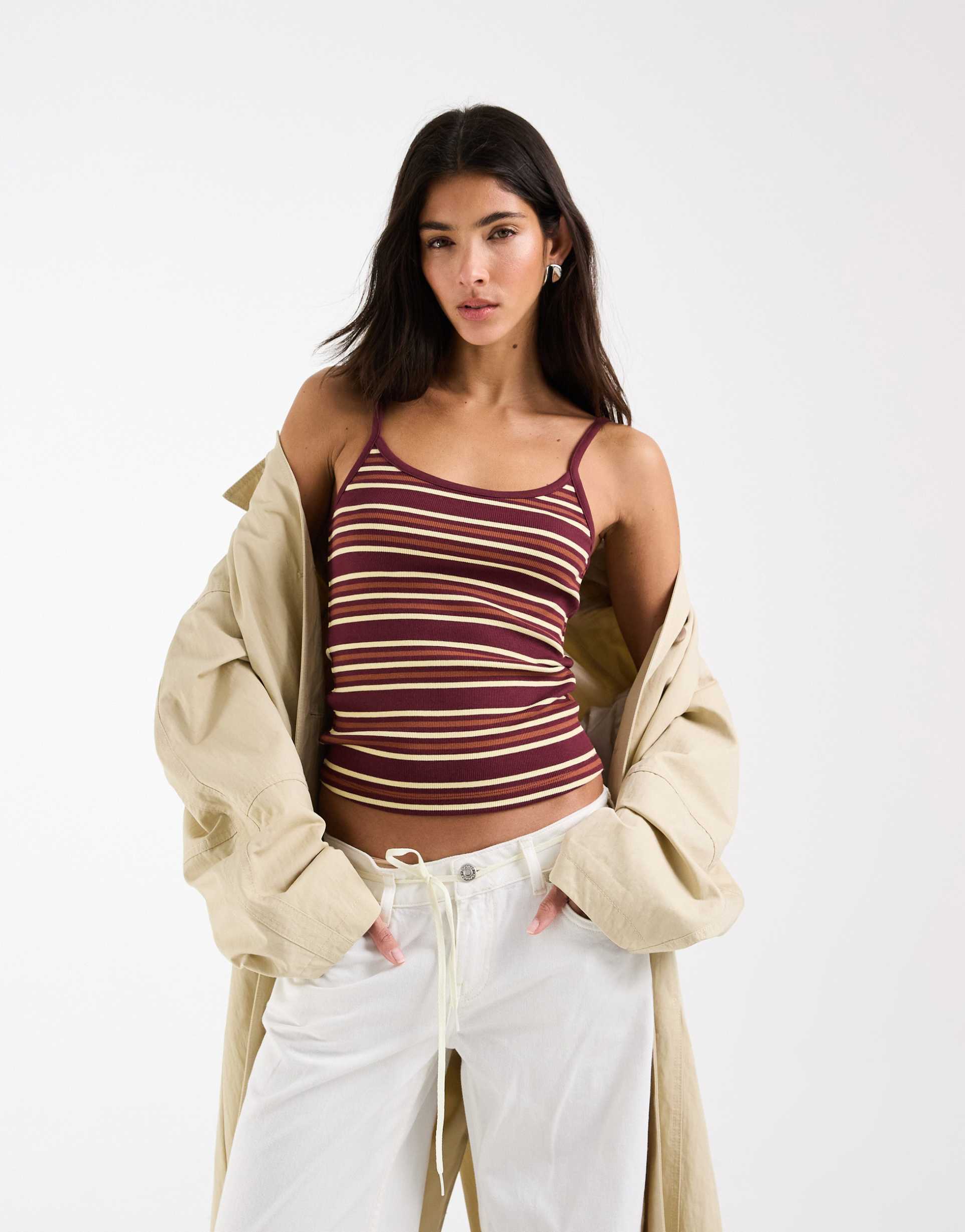 asos design contrast binding scoop detail tank top in burgundy stripe