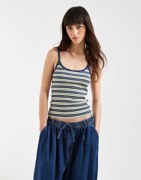 ASOS DESIGN contrast binding scoop detail vest in navy stripe