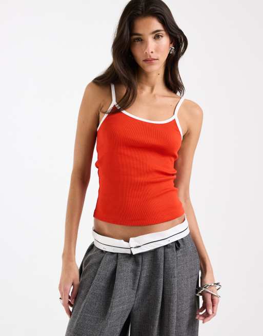 ASOS DESIGN contrast binding scoop detail vest in red, 4 of 4