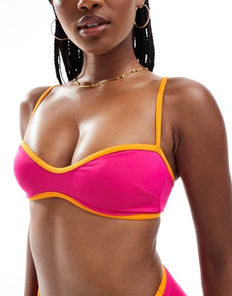 ASOS DESIGN contrast binding shaped bandeau bikini top in pink - view 1