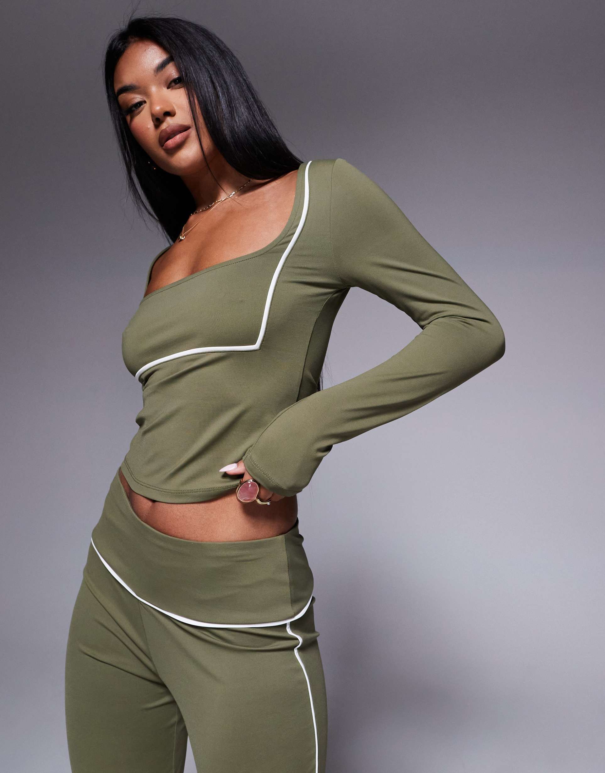 asos design contrast binding square neck polyamide top in olive - part of a set