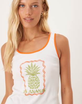 Asos Design Contrast Binding Tank Top With Pineapple Graphic In White