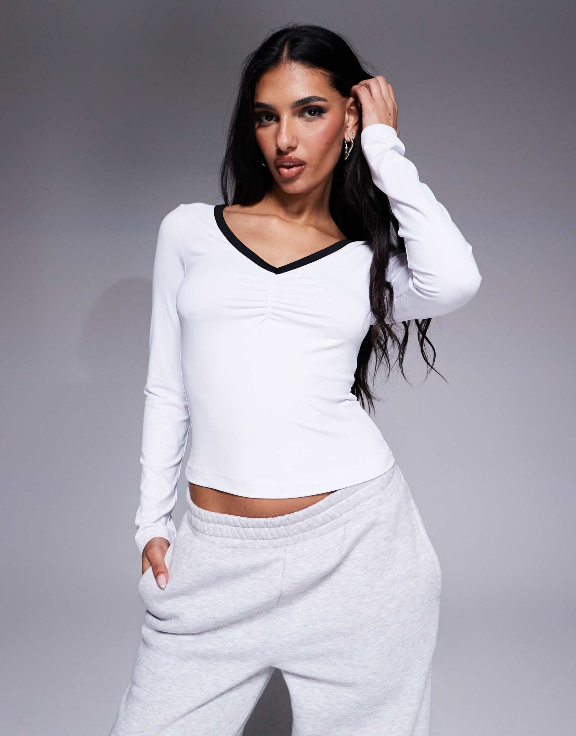 asos design contrast binding twist front polyamide top in white