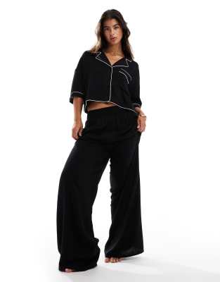 contrast binding wide leg pajama pants in black