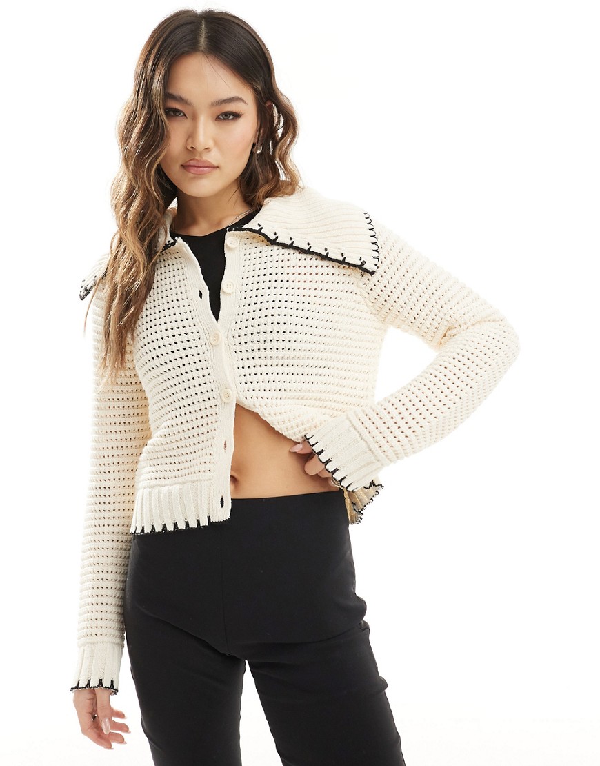 ASOS DESIGN contrast blanket stitch open knit cardigan in ivory-White