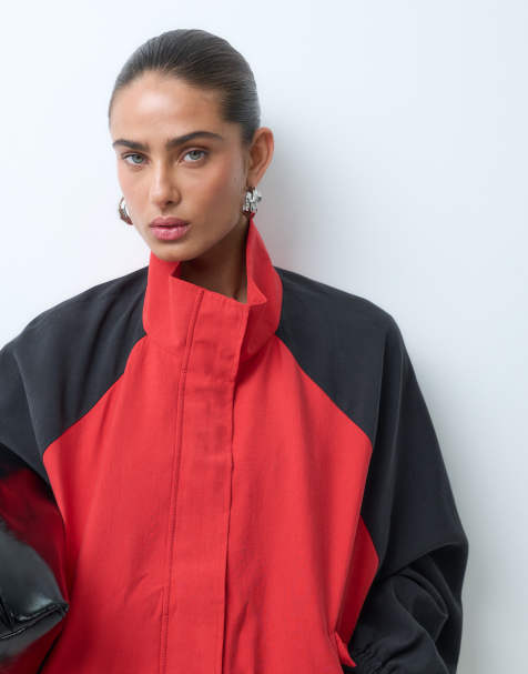 ASOS DESIGN contrast body and sleeve varsity jacket in red - view 1