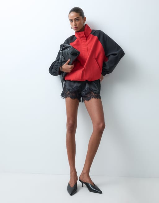 ASOS DESIGN contrast body and sleeve varsity jacket in red, 2 of 4