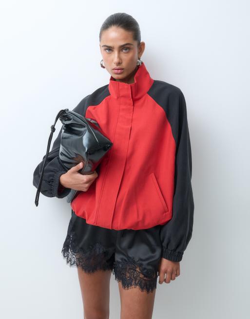 ASOS DESIGN contrast body and sleeve varsity jacket in red, 3 of 4