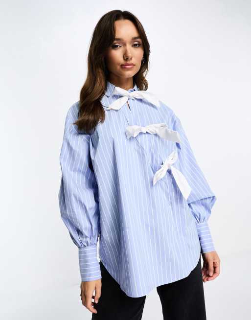 ASOS DESIGN contrast bow detail shirt in blue & white stripe | ASOS