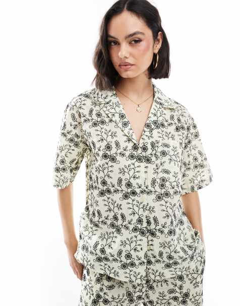 ASOS DESIGN contrast broderie co-ord shirt - view 1