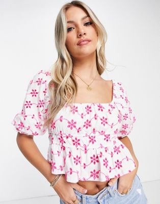 ASOS DESIGN contrast broderie top with volume sleeve in white
