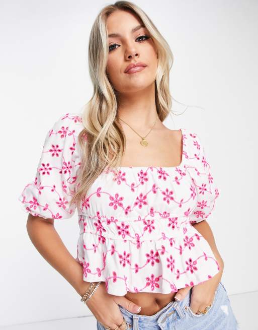 ASOS DESIGN contrast broderie top with volume sleeve in white | ASOS