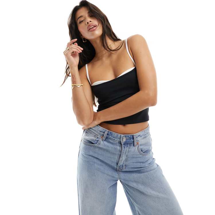 Black Contrast Piping Cami Crop Top, Tops