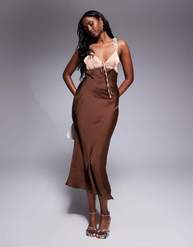 brown satin midi dress with sleeves ASOS DESIGN contrast bust cup frill in The Woman in the dev-position-new:number:58 The high neckline and Size:XL | 30 (for waist size 34