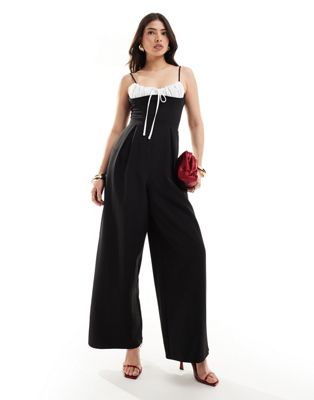 ASOS DESIGN contrast bust detail with pleated wide leg jumpsuit in black