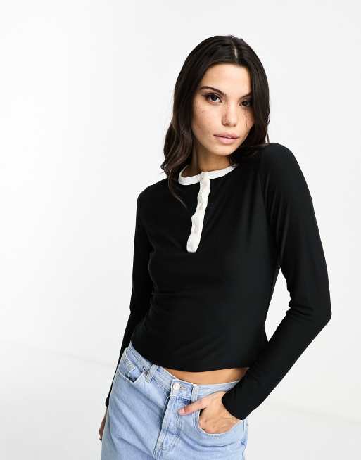 ASOS DESIGN low back slash neck top with contrast binding in black