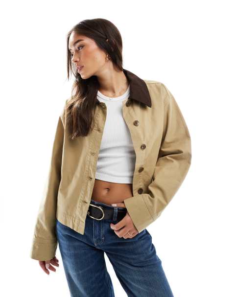 ASOS DESIGN contrast collar canvas jacket in stone - view 1
