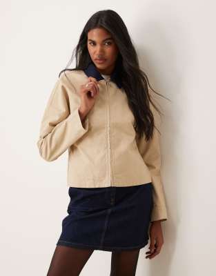 contrast collar canvas jacket in stone-Neutral