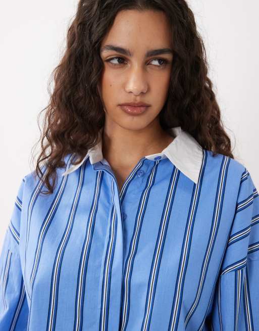 ASOS DESIGN contrast collar shirt in blue stripe, 3 of 4