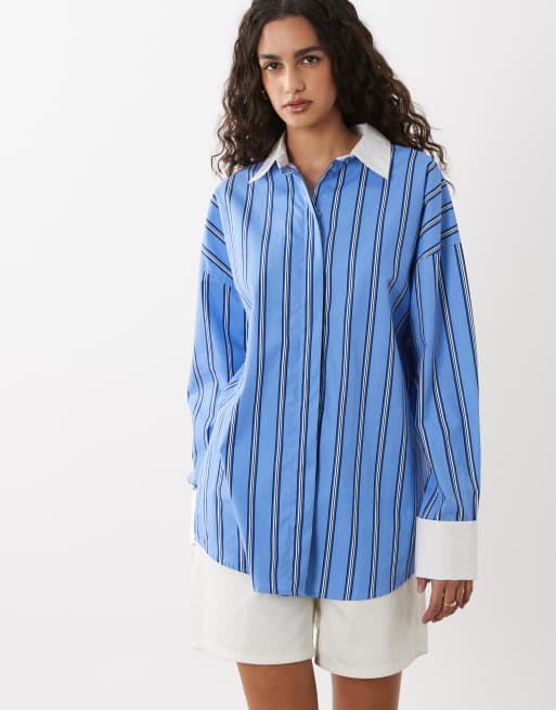ASOS DESIGN contrast collar shirt in blue stripe, 4 of 4