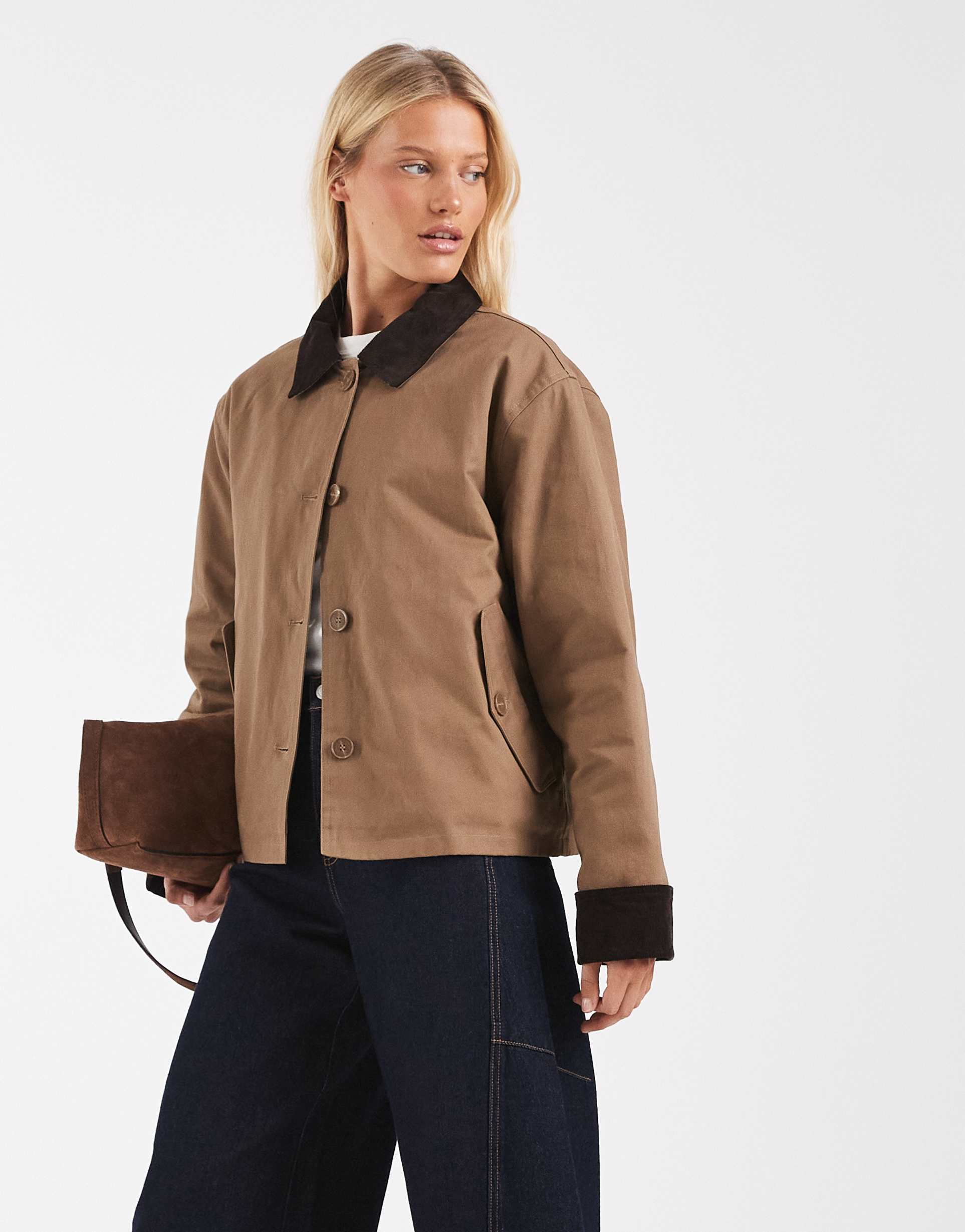 asos design contrast corduroy field jacket in stone